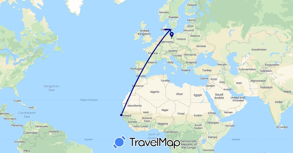 TravelMap itinerary: driving in Germany, Denmark, Senegal (Africa, Europe)
